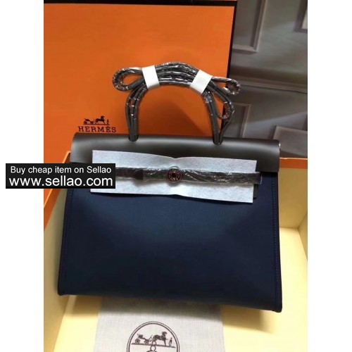 Hermes herbag woman blue/black leather silver hardware Handbag Satchel 31CM