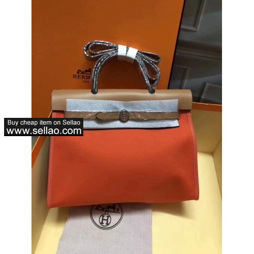 Hermes herbag woman Orange/beige leather Silver hardware Handbag Satchel 31CM