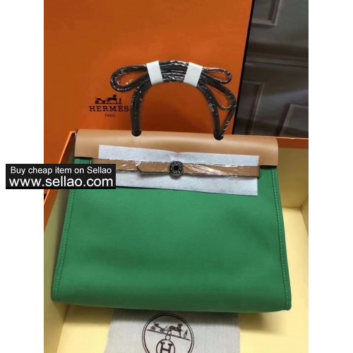 Hermes herbag woman green leather silver hardware Handbag Satchel 31CM