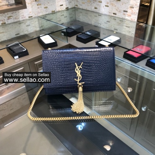 YSL kate bag large with tassel in embossed crocodile shiny leather