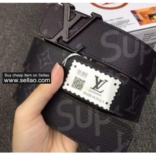 womens mens Louis Vuitton LV Initials leather belt graphite belts with black buckle box