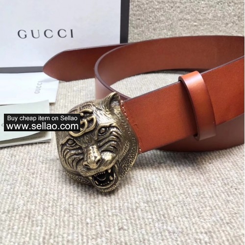 GUCCI Tiger Head Buckle Belt brown leather