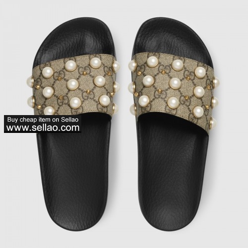 HOT SELLING  MEN WOMEN GG Supreme slide with pearls