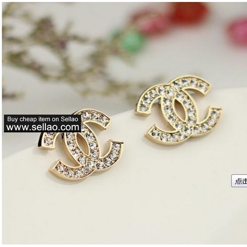 Chanel Luxury Brand Logo Full Crystal White Gold Plated CC Pendant Stud Earrings For Women Jewelry