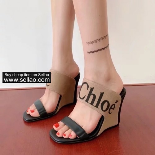 Chloe SHOES 2019  Women SLIPPERS Verena Logo  Canvas Leather Wedge Sandals