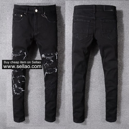 AMIRI Mens Jeans Shredded black rivet cat jeans Male ripped biker Slim elasticity denim Pants #524
