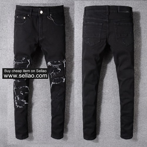 Amiri Mens Jeans Shredded black rivet cat jeans Male ripped biker Slim elasticity denim Pants #524