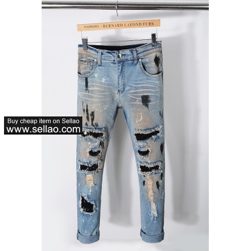 Newest Amiri Man Jeans ripped Slim elasticity Pants Broken drilled dirty old motorcycle jeans #523