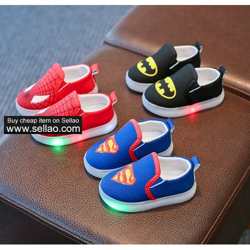 Cute Children Spiderman Cartoon Luminous Shoes Boys Girls  Running Shoes Baby Kid LED Canvas Shoes