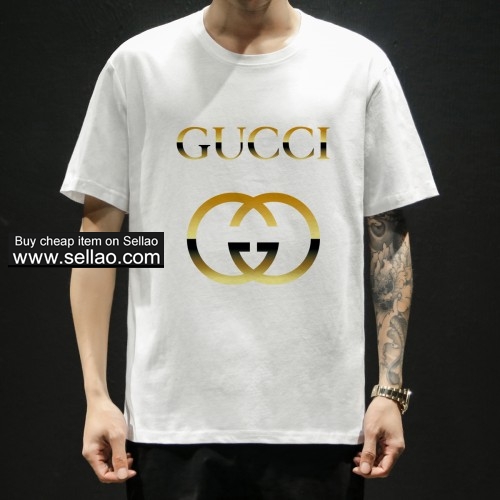 Gucci New Men women Tshirt Gold Logo Print casual Cotton short-sleeved girl tops Female tees Tshirt