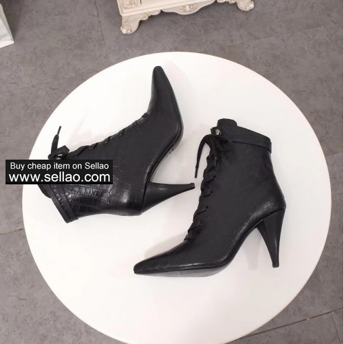 free shipping Saint Laurent YSL women's High-heeled shoes short boots black colors size35-42 leather