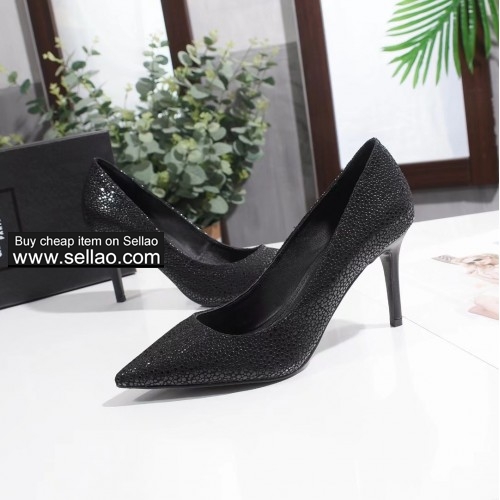 free shipping Saint Laurent YSL women's High-heeled shoes Pearl textured leather black colors