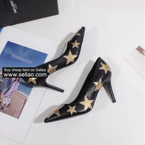 free shipping Saint Laurent YSL women's High-heeled shoes Pentagram black colors size 35-42 leather