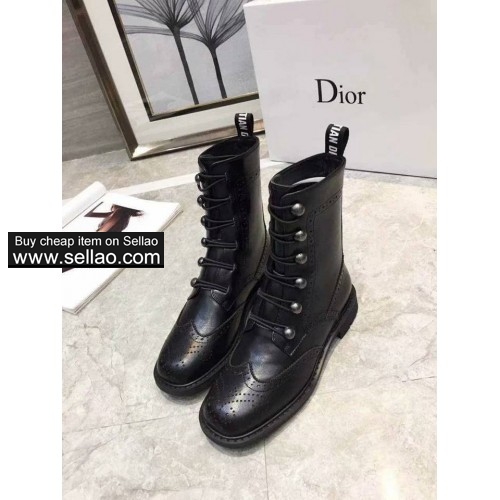 Dior autumn carved flat bottom women's middle boots wild Martin boots black colors cowhide size35-41