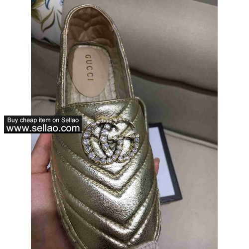 GUCCI new fisherman shoes LOGO fabric women's casual shoes Sheepskin size 35-40  gold free shipping