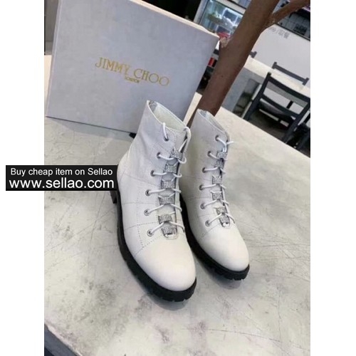Jimmy Choo new rhinestones women's Martin boots leather face sheepskin black beige white 35-42