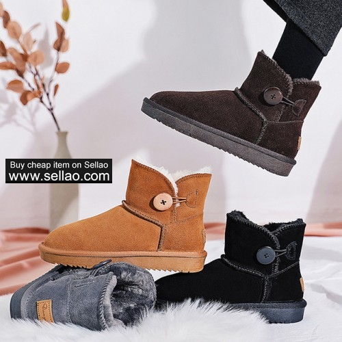 Button Design Boots For Girls Women Snow Boots Genuine Leather Winter Warm Ankle Boots