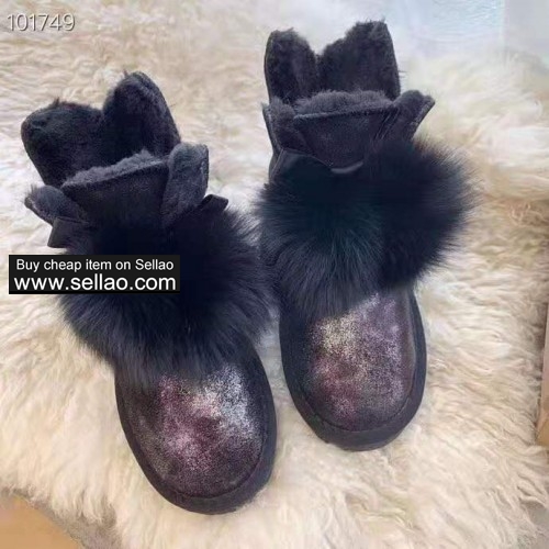 UGG Winter Woman's Plus Velvet Wool Snow Boots Really Leather Material Waterproof Sole 4 Colors