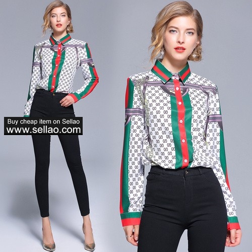 Fashion Ladies Print Casual Long Sleeve Shirts Office Button Front Lapel Neck  Blouses
