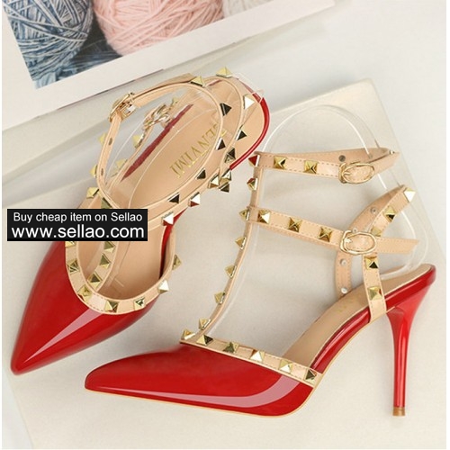 Pointed Toe Double strap High heels Patent Leather Rivets Party Sandals Women Red bottom Dress Shoes