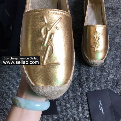 YSL Saint Laurent New 2019 WOMEN'S Straw Fisherman's Shoes Gold Apricot Silver Blue Dark Gold 34-42