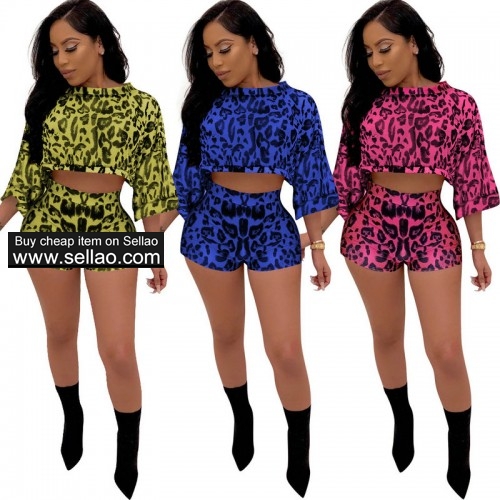 Leopard T-shirt+pant Short Sleeve Womens Two Piece Set Tracksuit  Suit Party Club Tops Pants Set