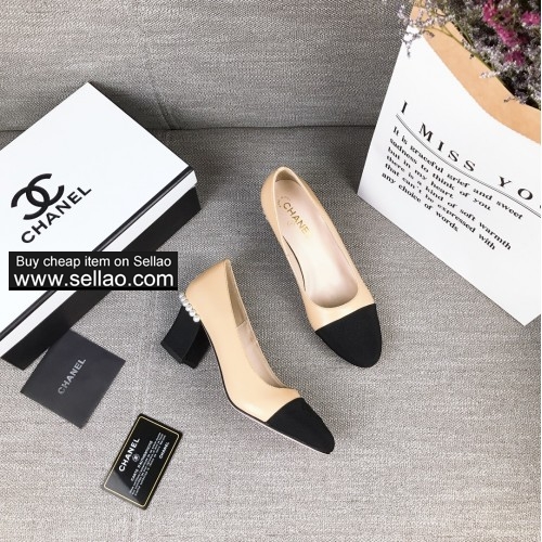CHANEL 2020 Spring  Woman's High Heels Single Shoes Pearl Design Sheepskin Fabric