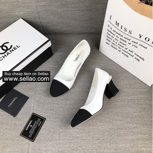CHANEL Spring Fashion Woman's High Heels Single Shoes Pearl Design Sheepskin Fabric
