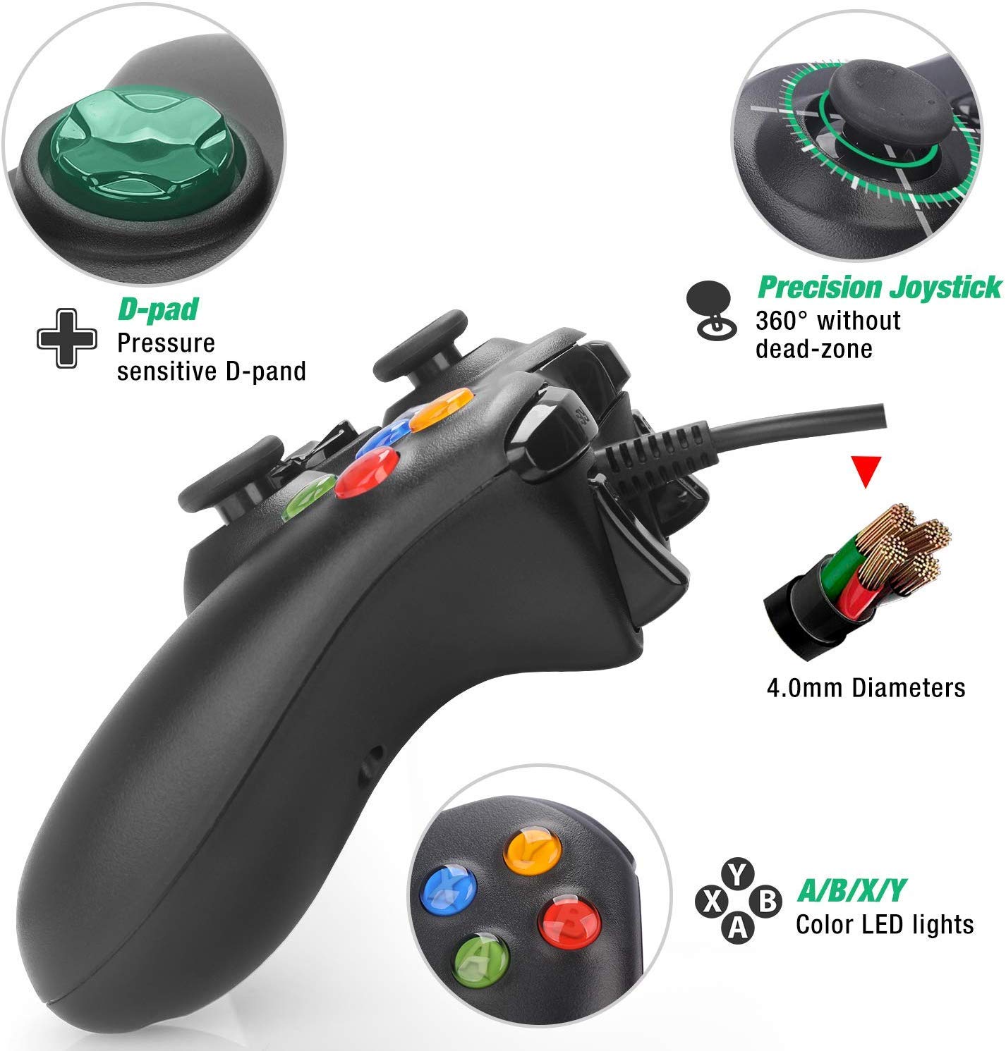 Bluewhale Wired Game Controller for Microsoft Xbox 360 Console & Windows PC (Black)