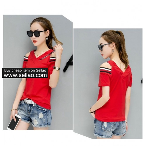 Girl T-shirt Short Sleeve Hole Strapless T-shirt V-neck Summer T-shirt Womens Tops S M L XL 2XL