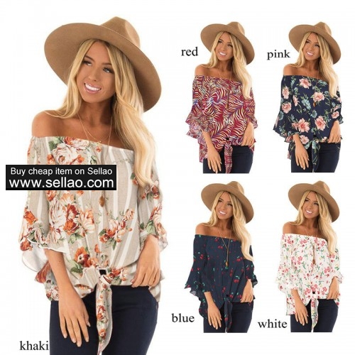 Sexy Floral Womens Tops Strapless Summer Flare Sleeve Blouse Fashion Off-shoulder Chiffon Blouse