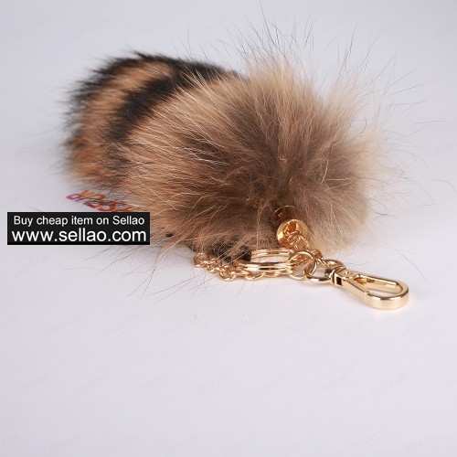 Ussuri Raccoon Tail Fur Keychain Bag Charm Pendant Golden Color with Primary Tail
