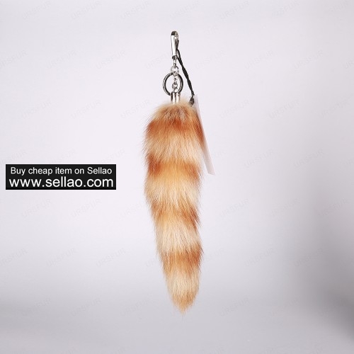 Authentic Raccoon Tail Fur Keychain Bag Charm Pendant Platinum Color with Golden & Brown