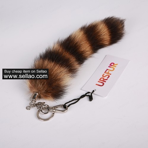 Authentic Raccoon Tail Fur Keychain Bag Charm Pendant Platinum Color with Blank & Brown