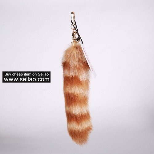 Authentic Raccoon Tail Fur Keychain Bag Charm Pendant Golden Color with Golden & Brown