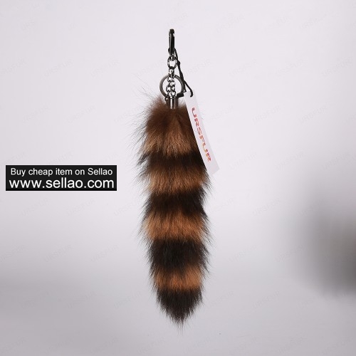 Authentic Raccoon Tail Fur Keychain Bag Charm Pendant Gun Color with Blank & Brown