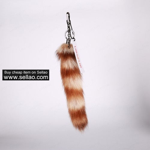 Authentic Raccoon Tail Fur Keychain Bag Charm Pendant Gun Color with Golden & Brown