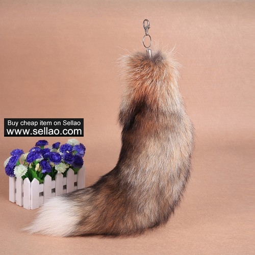 Sun Fox Tail with Key Chain Bag Hanging Natural Color 20"