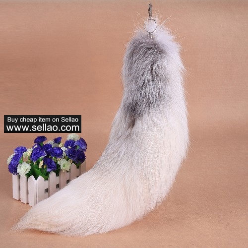 20" Fluffy White Gray Fox Tail Fur Keychain Cosplay Toy Car Bag Charm Tassel Key Chain