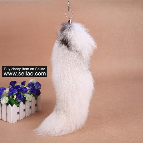 18" Fluffy White Gray Fox Tail Fur Keychain Cosplay Toy Car Bag Charm Tassel Key Chain