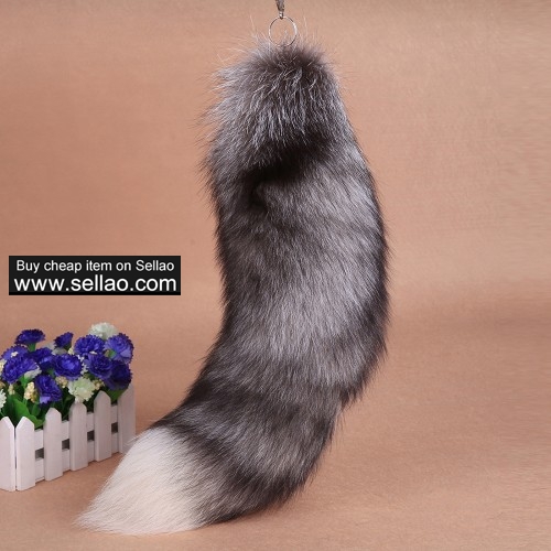 20" Silver Blue Fox Tail Fur Key Chain Bag Charm Tassel Hook Cosplay Toy