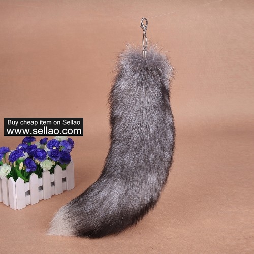 16" Silver Blue Fox Tail Fur Key Chain Bag Charm Tassel Hook Cosplay Toy