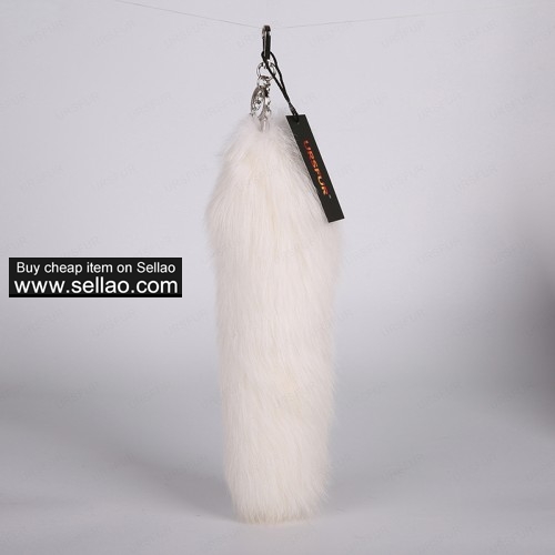 Arctic Fox Tail Tail Fur Bag Charm Pendant Platinum Color 12 inch