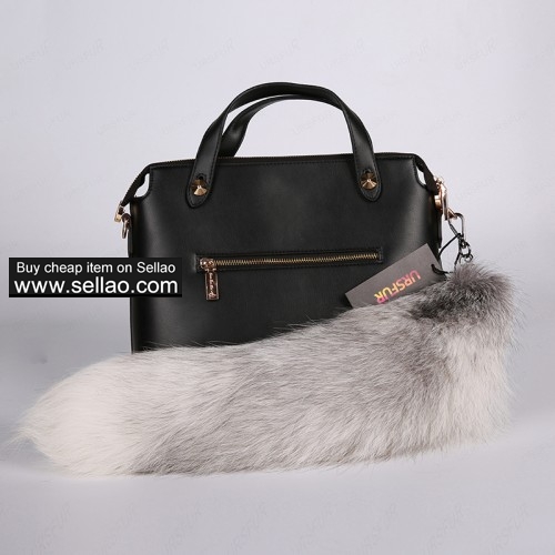 Cross Fox Tail Fur Bag Charm Pendant Gun Color 20 inches
