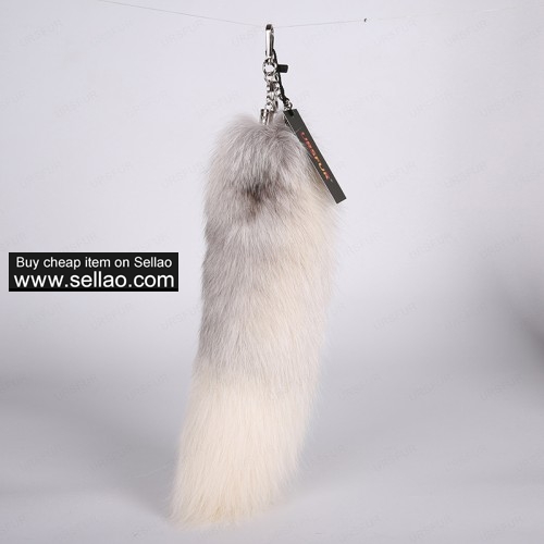 Cross Fox Tail Fur Bag Charm Pendant Platinum Color 18 inches