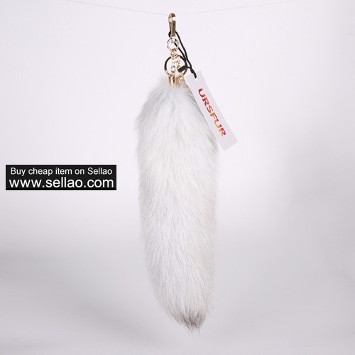 Blue Fox Tail Fur Bag Charm Keychain Key Ring Pendant Golden Color 12 inches