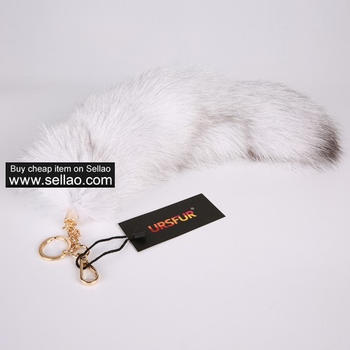 Blue Fox Tail Fur Bag Charm Keychain Key Ring Pendant Golden Color 14 inches