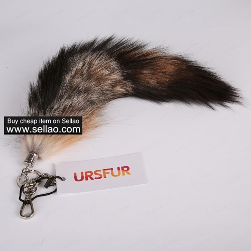 Sesamum Fox Tail Fur Tag Keychain Bag Charm Pendant Platinum Color 12 inches