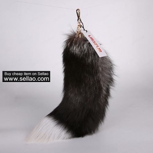 Silver Fox Tail Fur Bag Charm Pendant Cosplay Toy Golden Color 16 inches