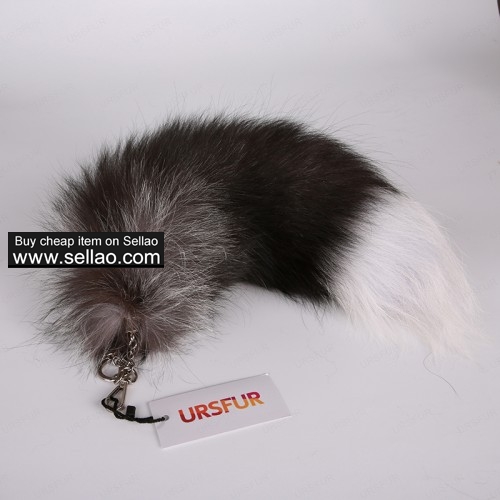 Silver Fox Tail Fur Bag Charm Pendant Cosplay Toy Platinum Color 16 inches